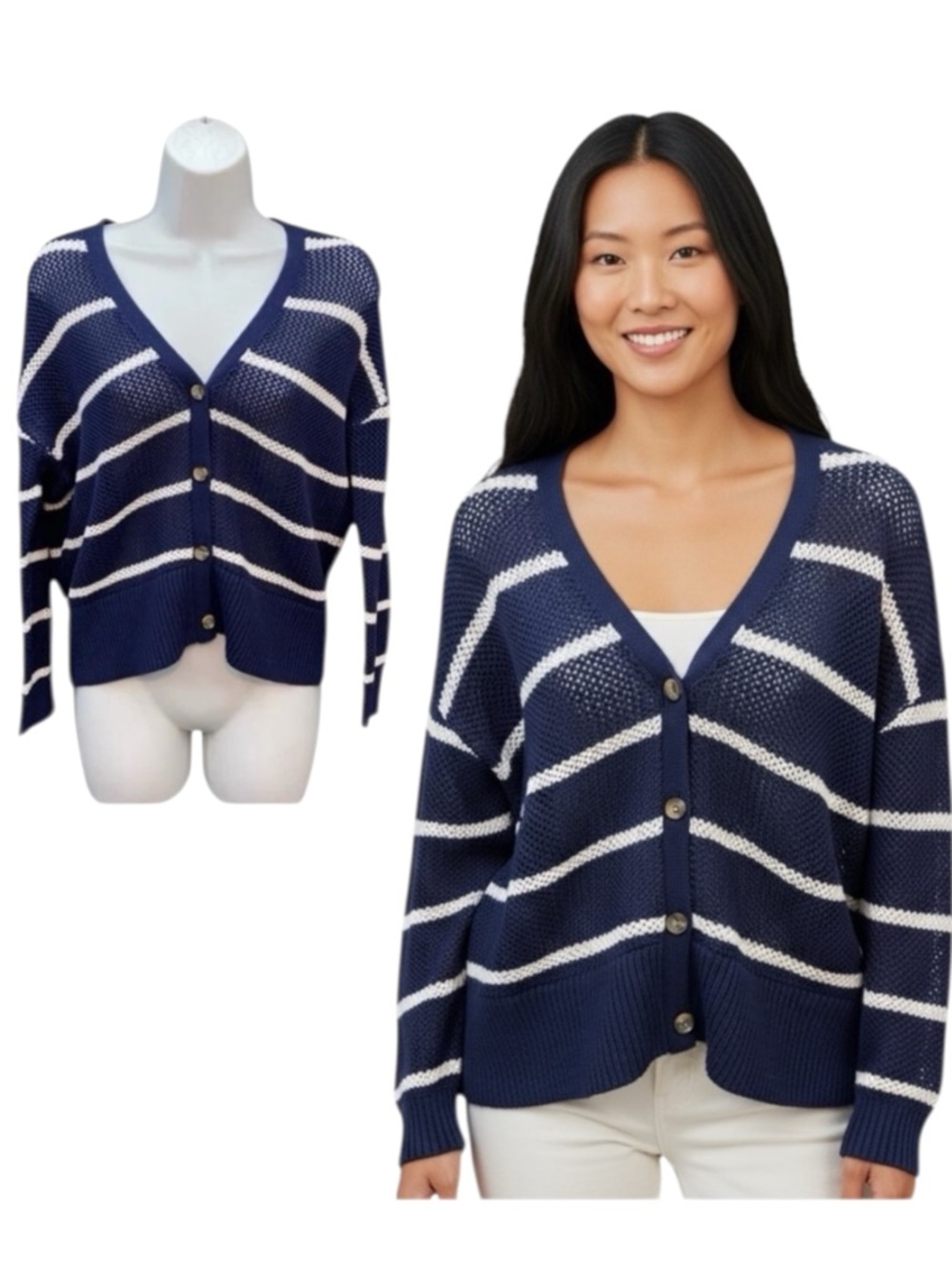 Old Navy Open Knit Striped Blue White Cardigan Sweater - Women’s Small